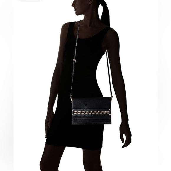 Steve Madden Bhavenn Foldover Crossbody & Clutch, Black & Gold Tone Metal Studs - Picture 5 of 10